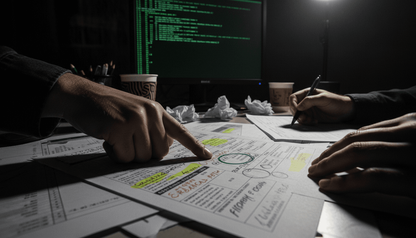 Hands reviewing a printed security report with annotations on a desk