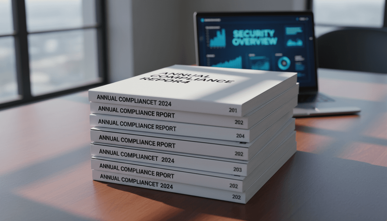 Compliance reports and a laptop with a security dashboard arranged on a professional desk