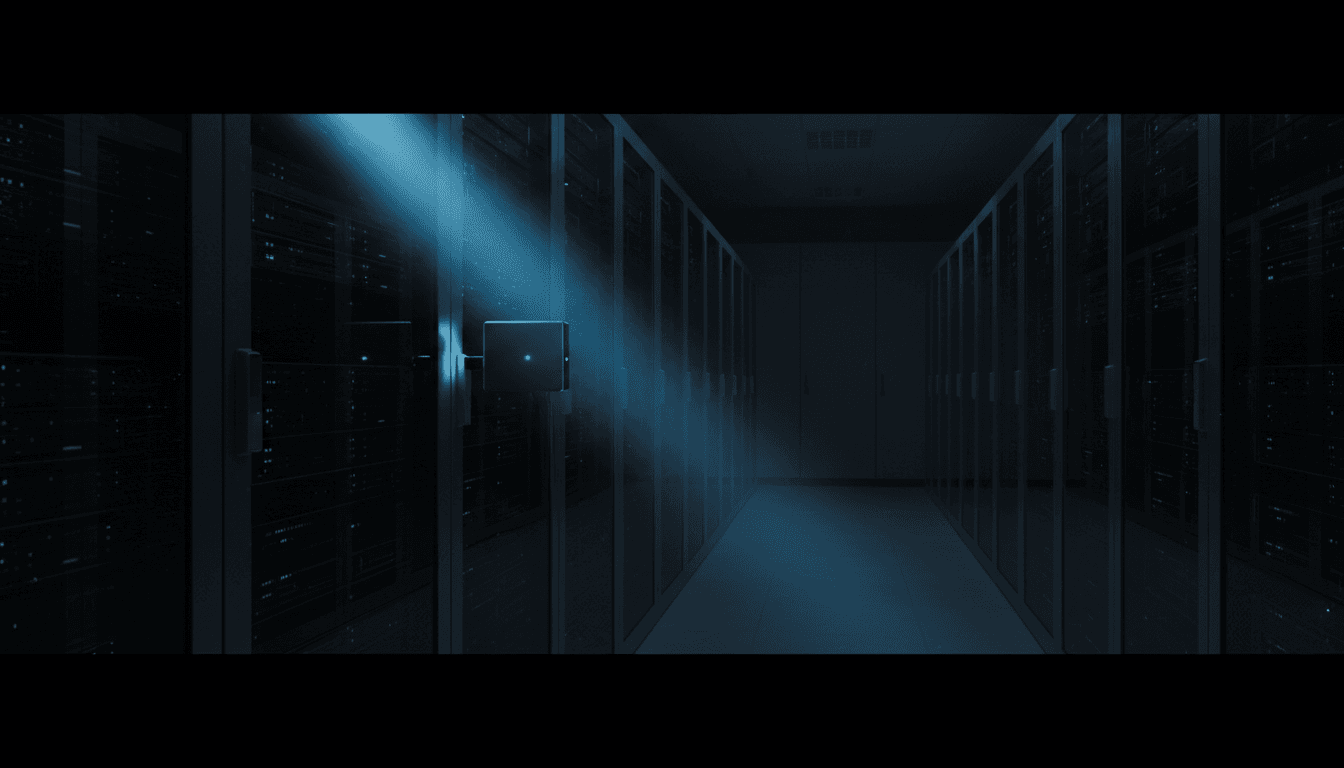 Server room with a secure monitoring device plugged into a rack