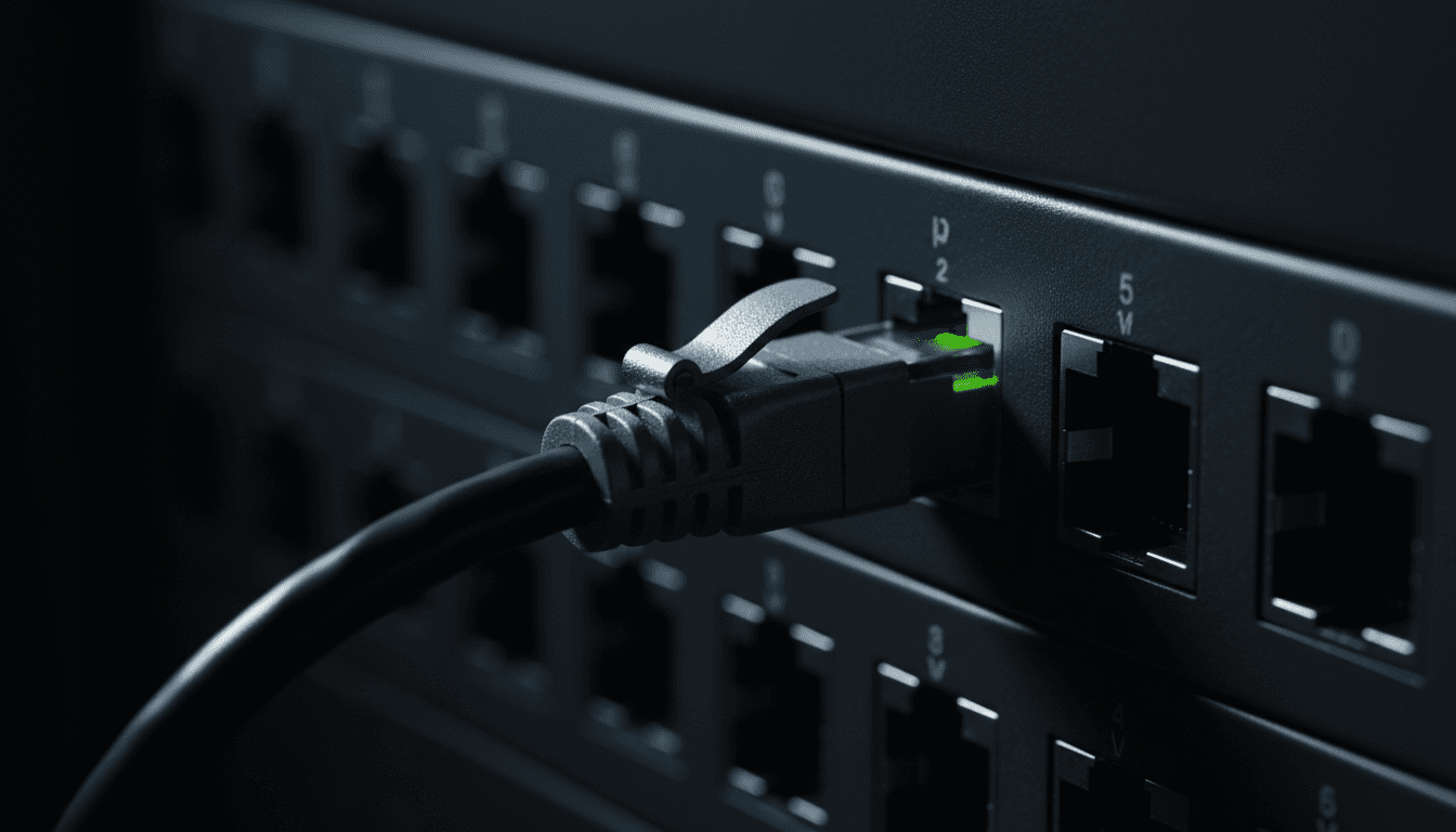 Network cable securely plugged into a port with a glowing green indicator light