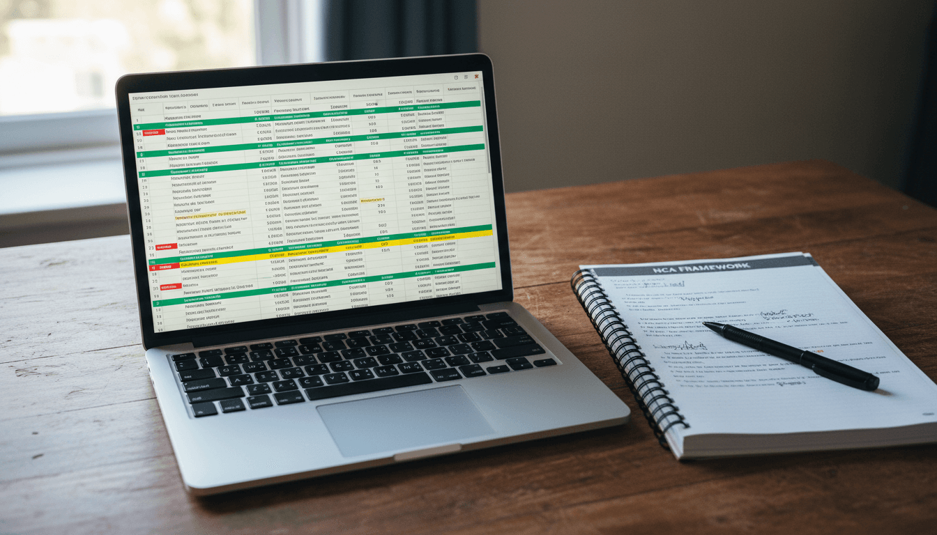 Laptop screen showing a compliance control grid with a printed framework document beside it