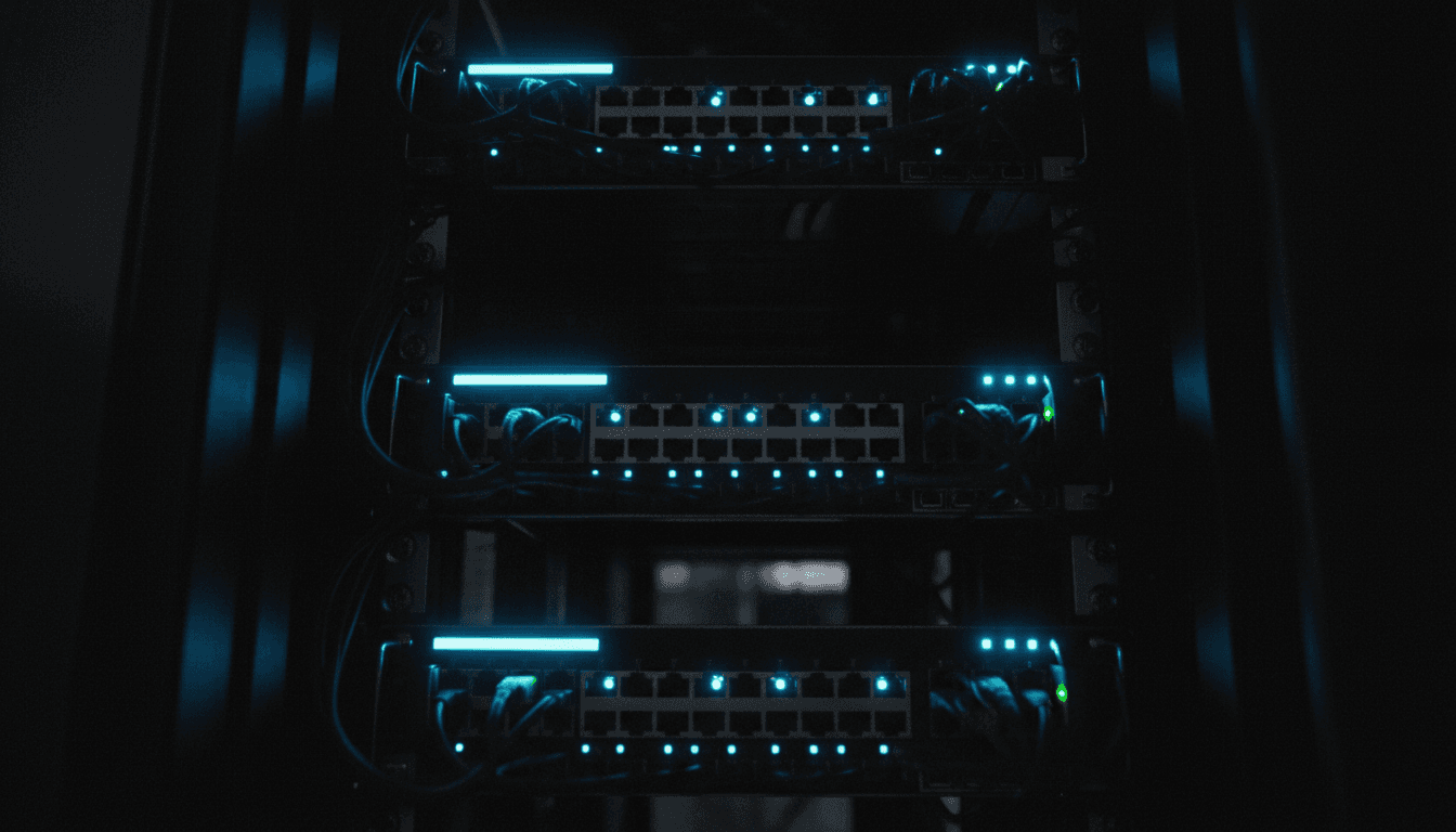 Server rack with blue indicator lights in a dimly lit data center