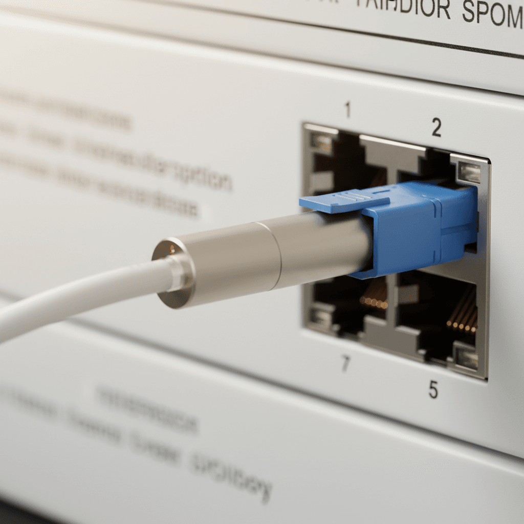 Network cable being inserted into a port close-up