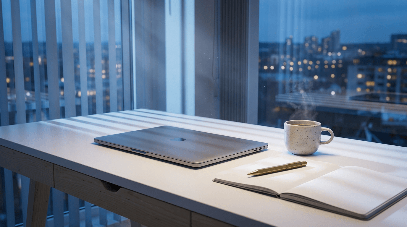Minimalist desk with laptop and coffee in a dimly lit Dubai office