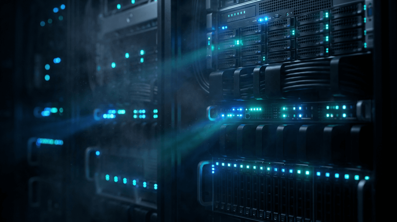 Server rack in a dimly lit data center with blue LED glow