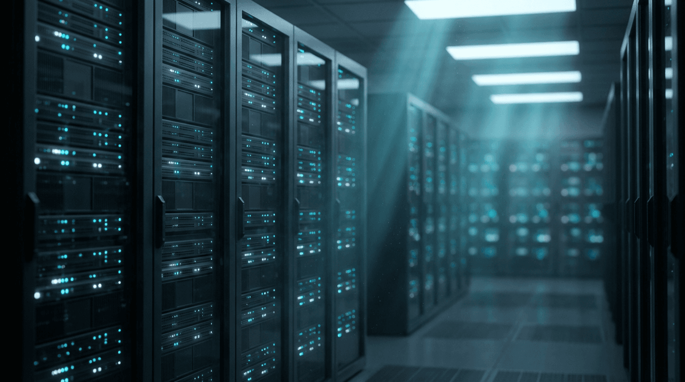 Server room interior with rows of racks and blue LED lights